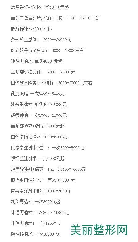 重庆中成整形美容机构价格表2017抄底价