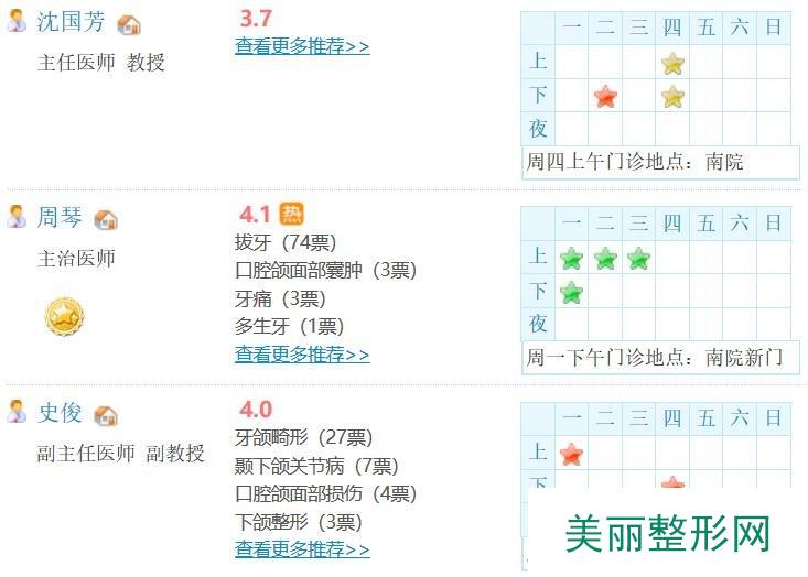 上海九院口腔科医生坐诊表